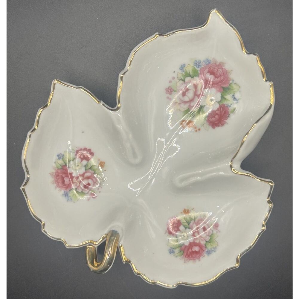 Ucagco Porcelain 3 Part Leaf Shape Candy Dish W/ Roses & 22k Gold Made In Japan